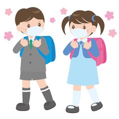 ランドセルを背負って登校する新一年生（マスク）