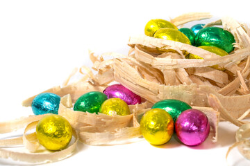 Chocolate Easter eggs in  nest  on white background. The minimal concept of Easter. 