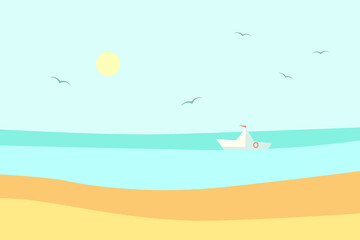 Obraz na płótnie Canvas Vector flat illustration : sunny seascape. Light sky, round sun, calm blue sea, small white ship, warm beige sand. Nice design for card, poster, flyer, interior picture about travel , vacation.