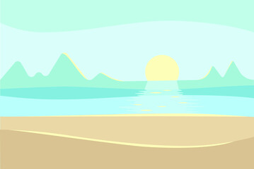 Vector flat illustration: sunrise at sea or river. Nature. Foggy sky, round sun, mountains , calm blue water, warm beige sand, spots of sulight. Pastel colors design for card, poster, flyer.
