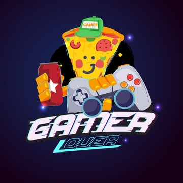 Pizza character with joystick and soda. junk food and gamer logo