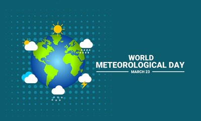 Fototapeta na wymiar Vector illustration of a globe surrounded by weather icons, as a banner, posster, or template for world meteorological day.