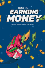 Earning money poster concept. gun and banknote - vector