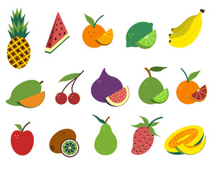 A large set of exotic fruits in a flat style. Set of isolated vector icons with tropical summer fruits.