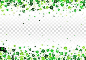 Seamless border background with four leaved green clover and shamrock for Saint Patrick's Day greeting isolated on white transparent background. Vector illustration