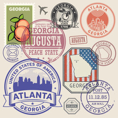 Stamp set with the name and map of Georgia state, United States