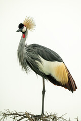 Grey crowned crane on thornbush watching camera