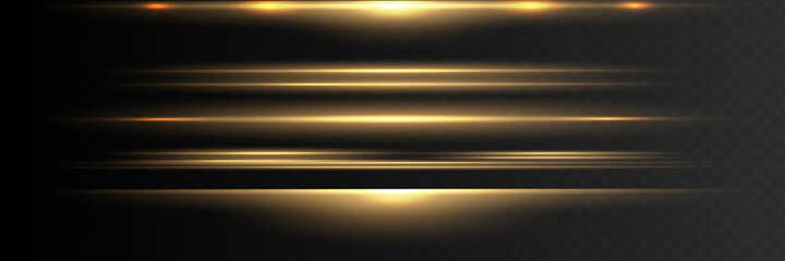 yellow horizontal lens flares pack. Laser beams, horizontal light rays. Beautiful light flares.