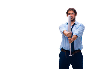 Young male employee holding baseball bat isolated on white