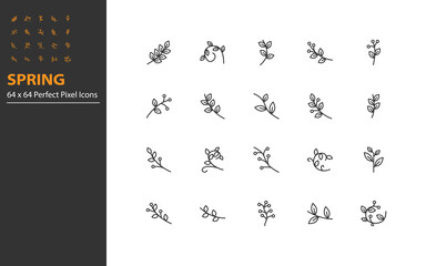 set of spring thin line icons, leaf, green, plants. nature
