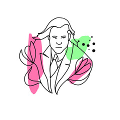 Abstract silhouette of a man with long hair, with flowers, in a suit, a linear image on a background of colored spots.