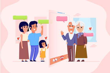 Family talk with old parents by Video calling - vector illustration