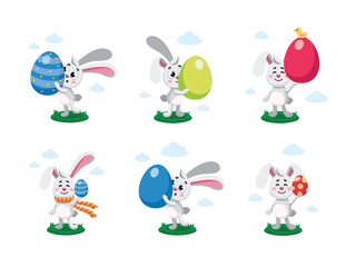 Happy easter, egg hunt flat kid's vector illustration. Set of easter bannies, hares, rabbits with painted eggs. Colorful flat vector illustration isolated on white background