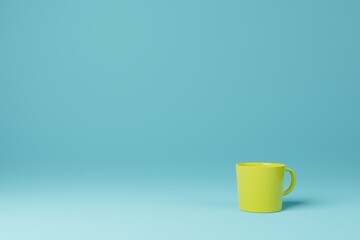 Yellow coffee tea mug cup on cyan background 3D rendering