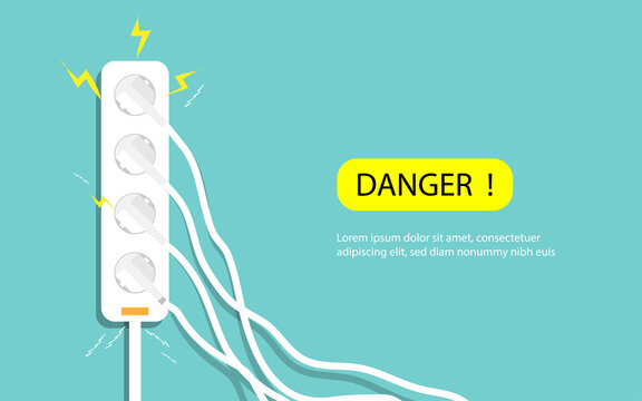 Electric Risk Burn. Electric Shock, Overload Plug In Power Outlet In. Caution And Warning Danger Electricity Illustration Vector EPS 10. 