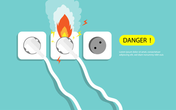 Electric risk burn. electric shock, Overload plug in power outlet in. caution and warning Danger electricity illustration vector EPS 10. 