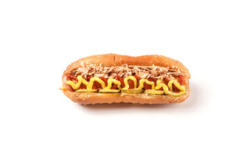 Hotdog with mustard on a white background