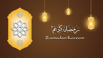 Naklejka premium Ramadan kareem greeting card template with gold ramadan lantern, islamic background banner wallpaper vector illustration. Arabic text translation : ramadan kareem, holy month for muslim