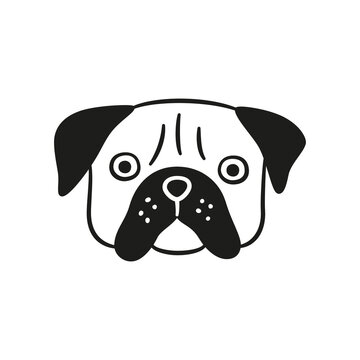 Cute pug face. Dog head icon. Hand drawn isolated vector illustration in doodle style on white background