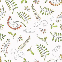 Seamless pattern from floral ornaments of yellow, green, red colors, painted with watercolor: leaves, berries, stems isolated on a white background