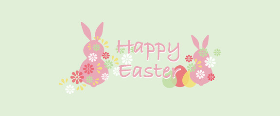 Happy easter concept. Decorative easter bunny, eggs and text on light yellow background. Vector illustration. イースターイラスト、イースターデコレーション、イースターデザイン