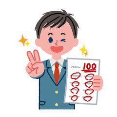 テストで100点をとって嬉しそうな男子学生のイラスト