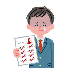 テストで0点をとって落ち込む男子学生のイラスト