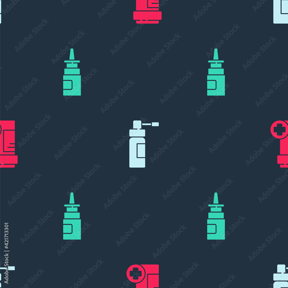 Poster Set Medicine bottle, Bottle with nozzle spray and nasal on seamless pattern. Vector