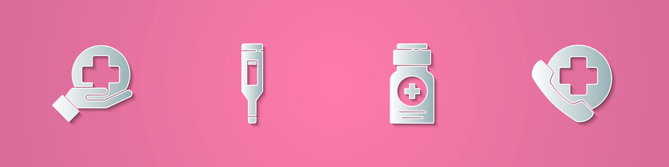 Obraz premium Set paper cut Cross hospital medical, Medical digital thermometer, Medicine bottle and Emergency phone call to icon. Paper art style. Vector