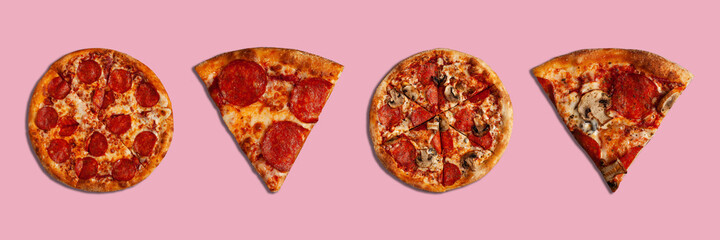 Tasty pepperoni and pizza with mushrooms on pastel pink background. 