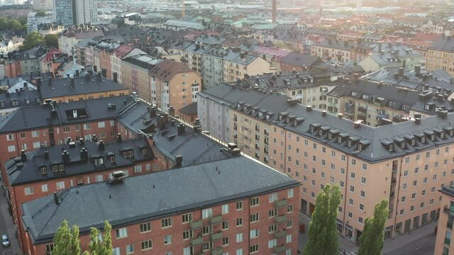 SoFo rooftops and Katarina Church, Stockholm summer aerial view