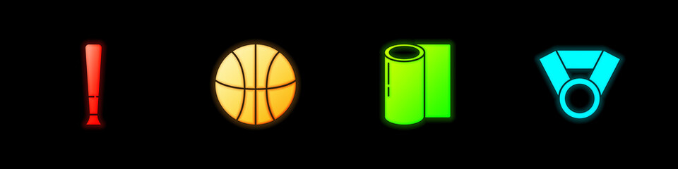 Set Baseball bat, Basketball, Fitness mat roll and Medal icon. Vector