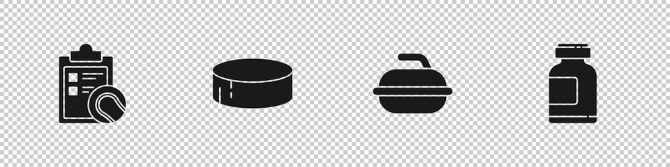 Set Checklist clipboard and tennis ball, Hockey puck, Stone for curling sport game and Sports nutrition icon. Vector