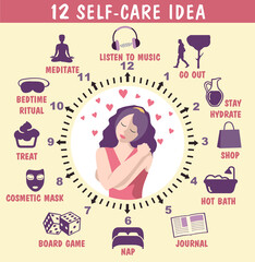 12 self-care ideas. Self care concept infographics. Vector flat illustration, banner. Woman self care concept. Body health improvement tips idea. Self care checklist.