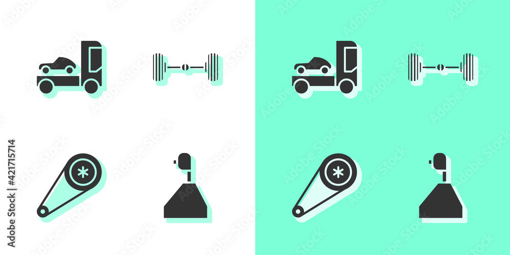 Sticker set gear shifter, car transporter truck, timing belt kit and chassis car icon. vector