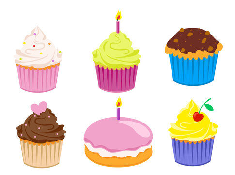 Flat color cupcakes icon set. Cartoon flat cake set isolated on white background vector illustration. Happy birthday party cakes with decorations.
