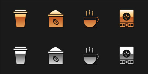 Set Coffee cup to go, Bag coffee beans, and Electronic scales icon. Vector
