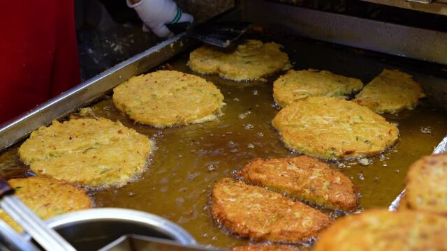 Korean traditional mung bean pancake, Street food in Korean market, Food made from healthy green beans, Simple snacks using green beans