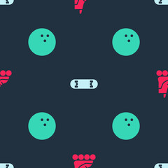 Set Roller skate, Skateboard trick and Bowling ball on seamless pattern. Vector