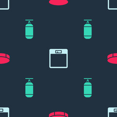 Set Hockey puck, Bathroom scales and Punching bag on seamless pattern. Vector