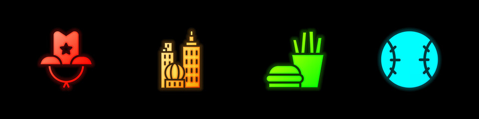 Set Western cowboy hat, City landscape, Burger french fries and Baseball ball icon. Vector
