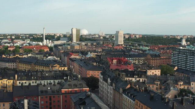 Black rooftops of SoFo, Stockholm summer evening aerial view