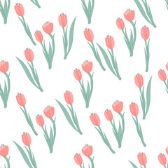 Obraz premium Seamless floral pattern with tulips, flat vector illustration on white background. Decorative seamless ornament or wrapping design, textile print with spring tulips flowers.