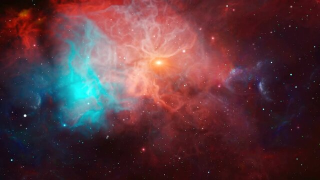 Flying through space background. Colorful red and blue nebula with starfield and sun. Digital painting, 3D rendering