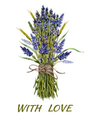 Obraz premium Exquisite watercolor bouquet in the style of Provence made of lavender flowers, spikelets and wild grass tied with natural twine. Hand-drawn lavender flowers.