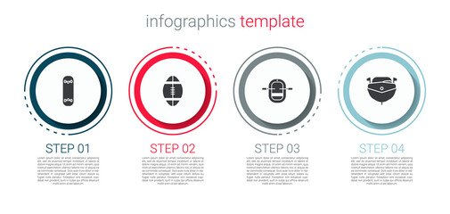 Set Skateboard trick, Rugby ball, Rafting boat and Speedboat. Business infographic template. Vector