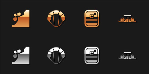 Set Landslide, Parachute, First aid kit and Formula 1 racing car icon. Vector