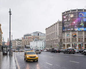  Along Tverskaya Street moving cars and pedestrians
