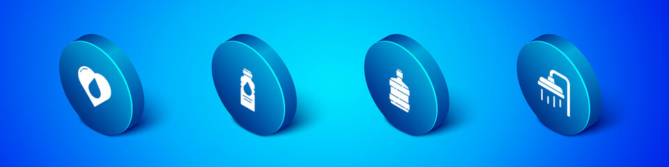 Set Isometric Heart with water drop, Big bottle clean, Shower head and Bottle of icon. Vector