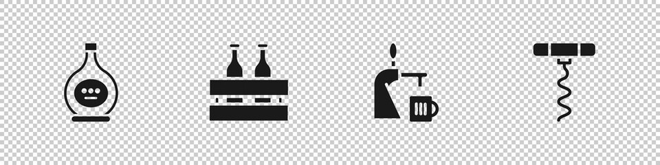 Set Bottle of cognac or brandy, Pack beer bottles, Beer tap with glass and Wine corkscrew icon. Vector